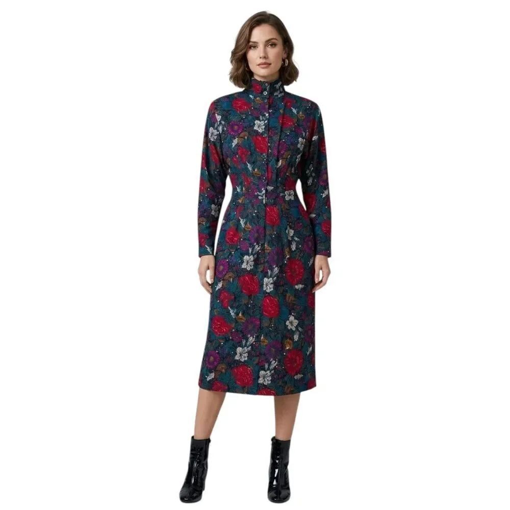 Vintage Wool Silk Floral High Neck Pleated Button Front Midi Dress Size 4 USA